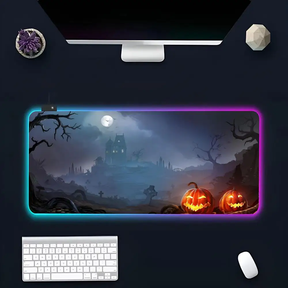 Halloween Ghosts MINISO Mouse Pad RGB Gaming Mousepad LED Large Gamer Mousepads XXL Keyboard Pads Luminous Desk Mat Backlit