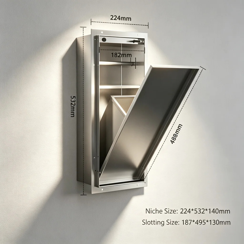 Stainless Steel Recessed Wall Niche Cabinet with Built-in Trash Can, Wall Mount Bathroom Storage Rack for Toilet Side