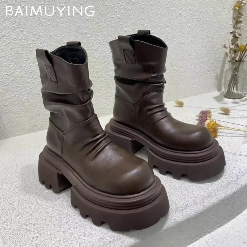 Platform Snow Ankle Boots for Women Chunky Leather Shoes Woman 2024 Trend Winter New Sneakers Goth Motorcycle Botas De Mujer