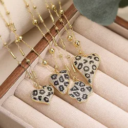 18K Golden Plated Brass Cute Leopard Pattern Heart Shaped Women's Pendant Necklace with Sparkling Zircon Women's Jewelry
