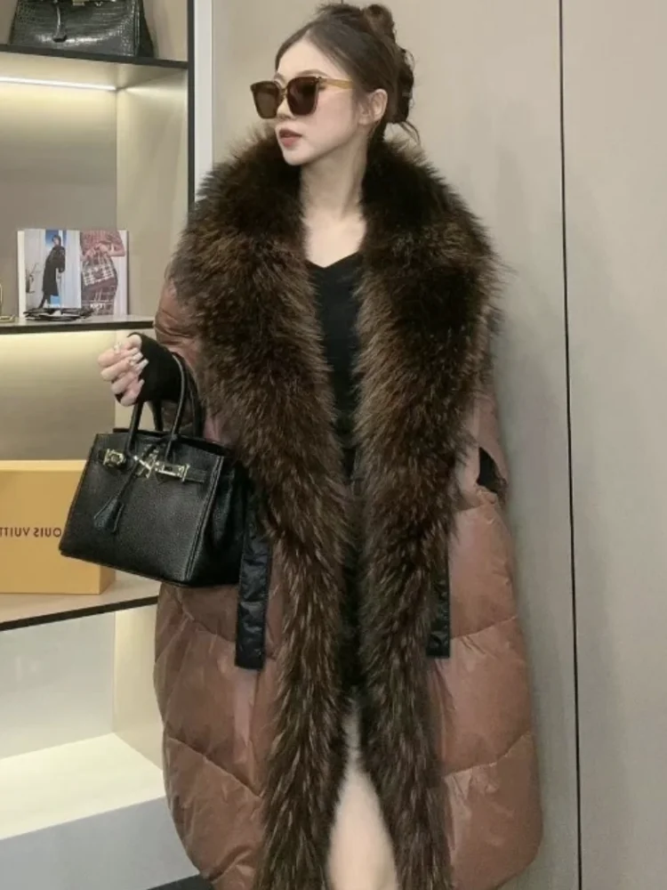 2023 New Natural Real Fox Fur Long White Duck Down Jacket Winter Women Warm Loose Coat Thick Outerwear Streetwear