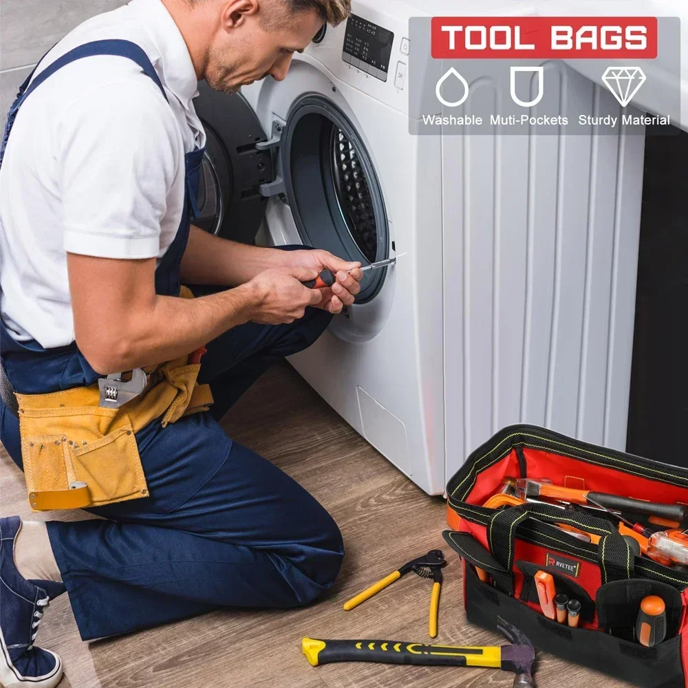 

RVETEE 13-дюймовая красная сумка для инструментов, портативный прочный органайзер с несколькими карманами для хранения оборудования, инструменты для электрика, работа