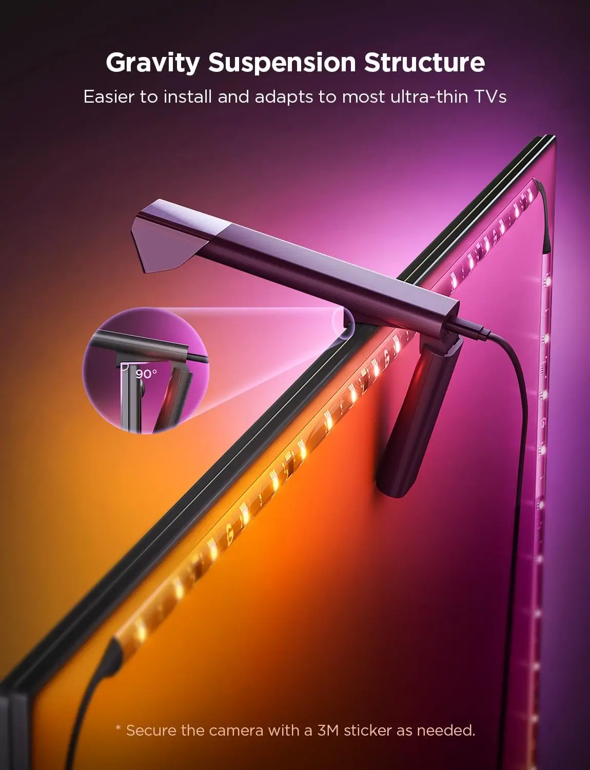 Smart TV Backlight with Camera Sync for 55-65 Inch TVs, RGBICW Wi-Fi LED Strip, Voice & App Control