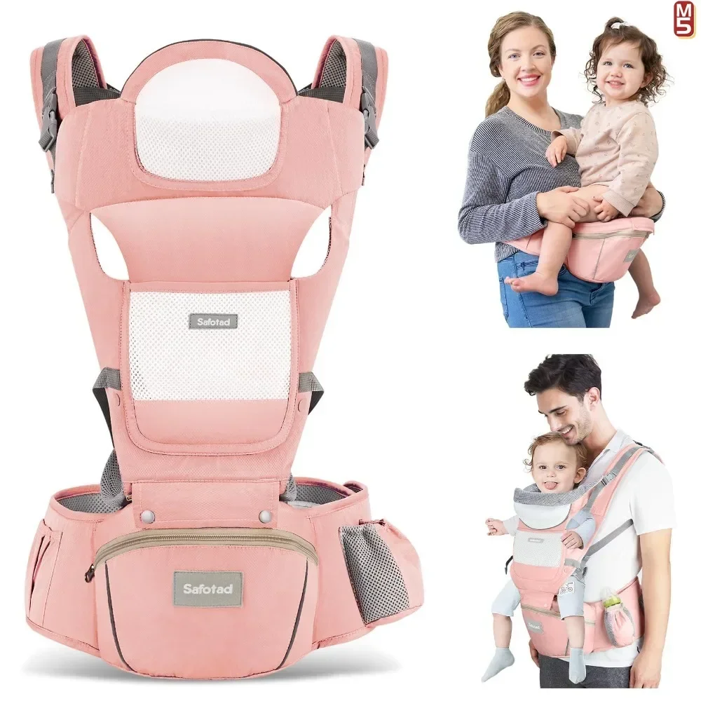 Baby Carrier with Hip Seat Head Support and Breathable Mesh Newborn Carrier Adjustable Baby Holder Carrier for Dad&Mom-Pink