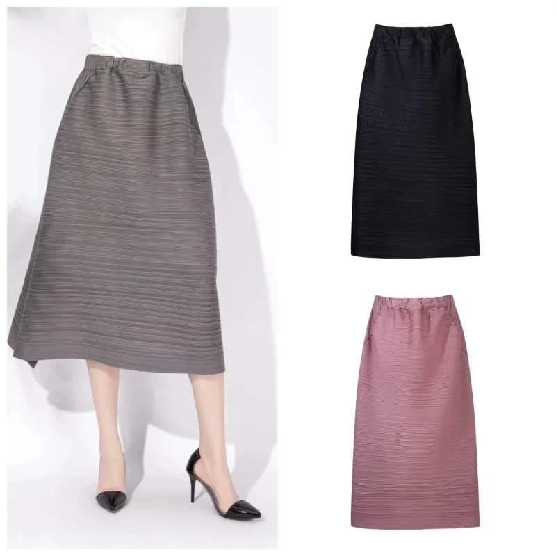 Miyake High-End Pleated Skirt Women 2026 Summer New Elegant Commuter Solid Jupe Elastic Waist Versatile Slimming A-Line Skirt
