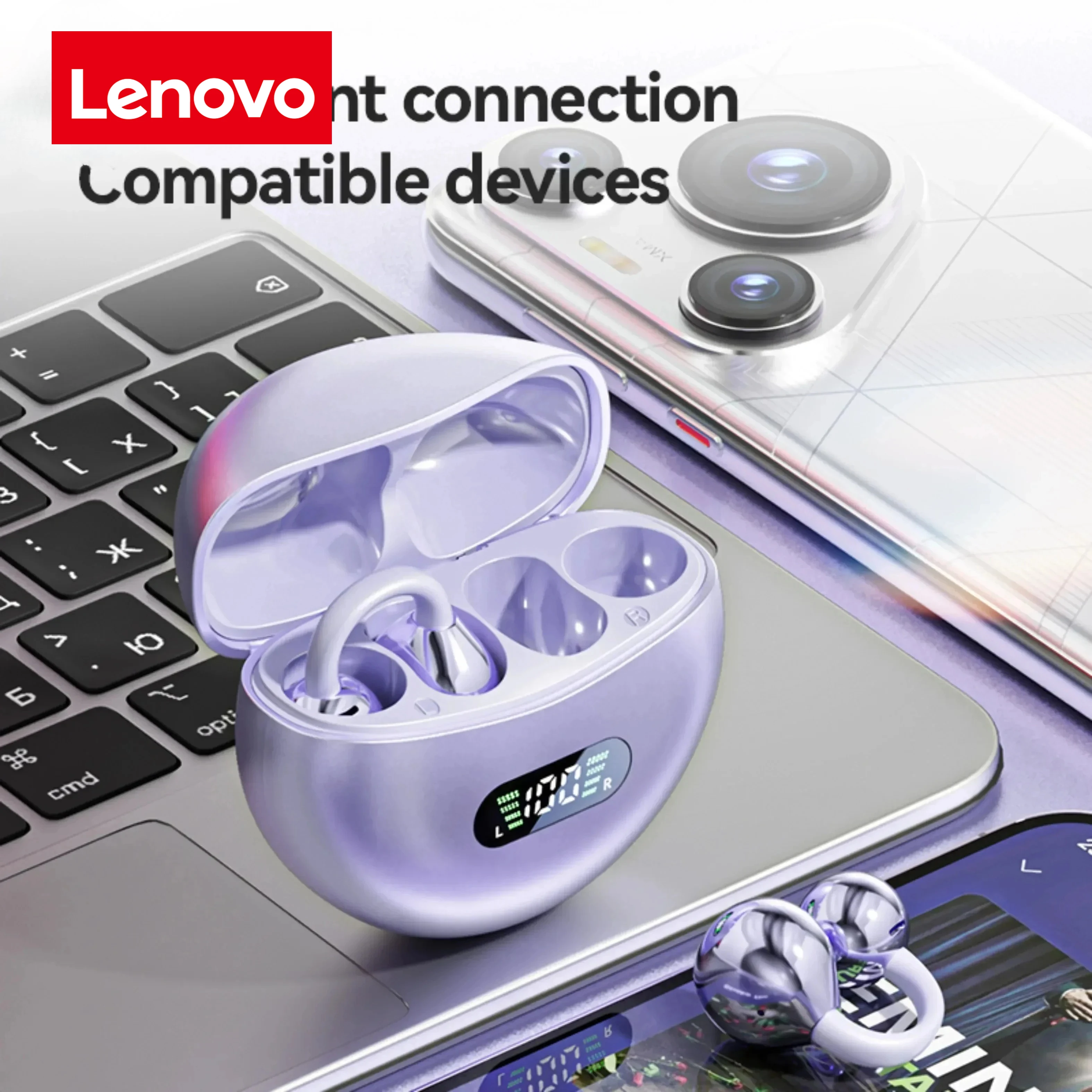 سماعات لينوفو بلوتوث خفيفة الوزن بتصميم مفتوح ومشبك مقاومة للماء للرياضة والاستخدام اليومي والأعمال التجارية