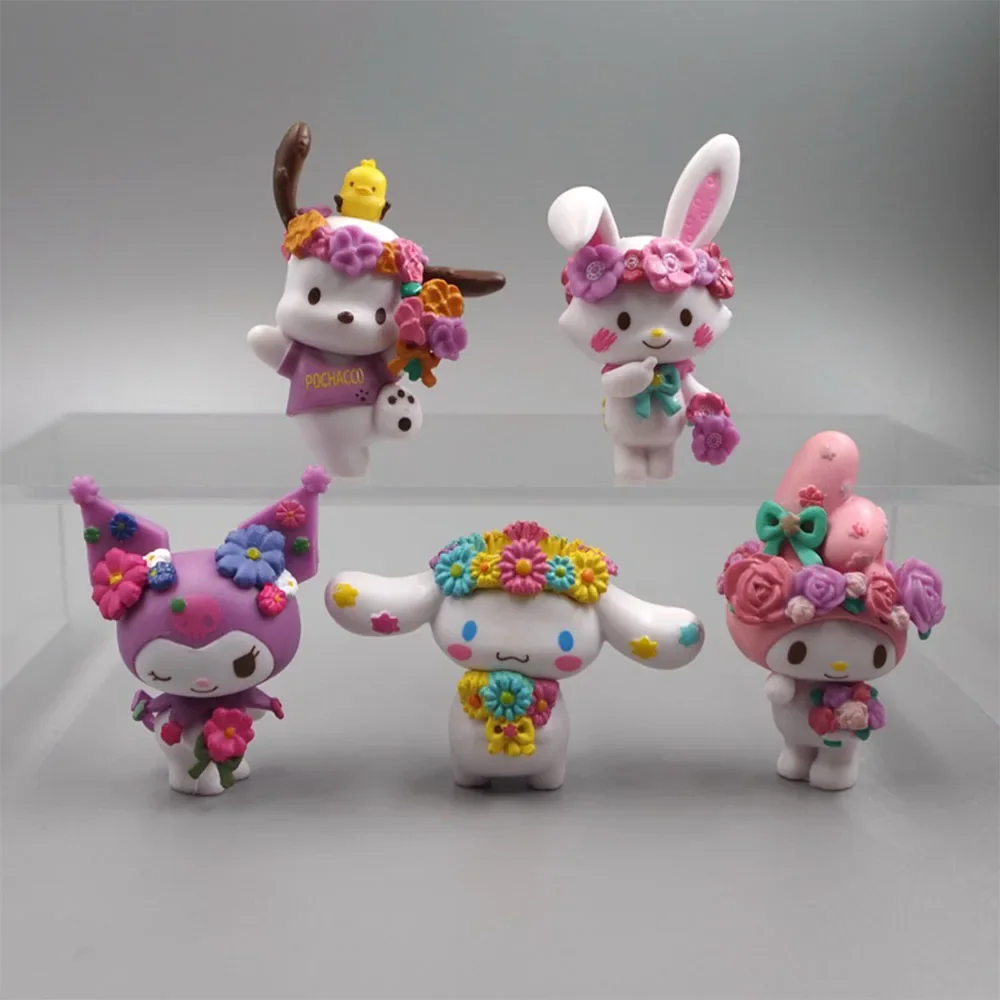 Sanrio Spring Flower Hello Kitty Kuromi Kawaii Toys Anime Figure Melody Cinnamoroll Cartoon Doll Decorations Suite 5pcs Gifts