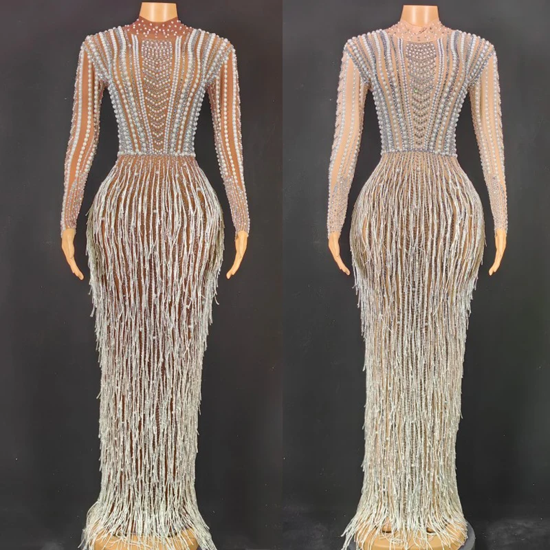 Vintage Pearls Rhinestones Fringed Dress Women'S Long Sleeved Celebrate Evening Outfit Stage Party Festival Dresses XS6612