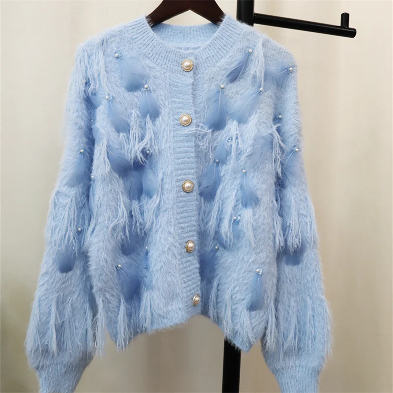 Loose Women Cardigans Autumn Sweet Tassel Feather Solid Female Knitted Sweater Fashion Casual Short Single Breasted Outerwear