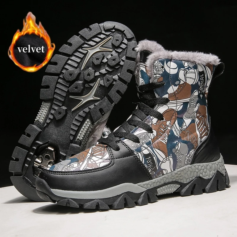 

Fashion Graffiti Children's Hiking Boots Winter Velvet Non-slip Claw Kids Snow Boots Outdoor Warm High Top Cotton Shoes For Boys