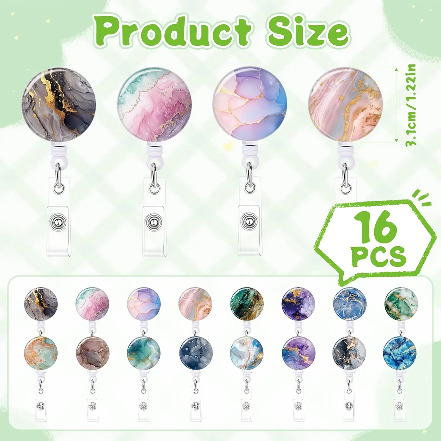 16PCS Marble Watercolor Badge Reels Cute Retractable Id Badge Holders Retractable Clip for Nurse Doctor Hospital Teacher Student