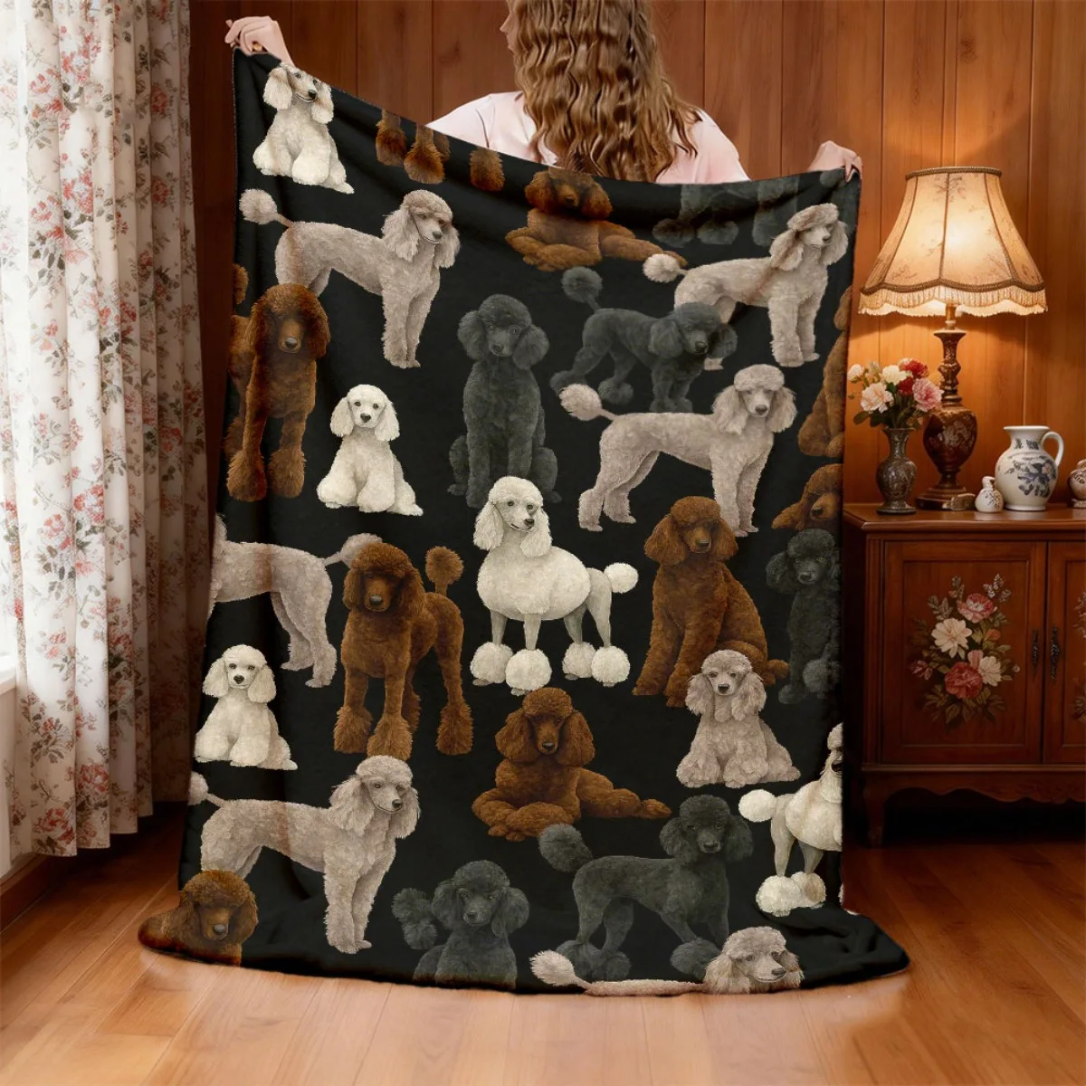 1pc Soft Flannel Blanket Featuring a Pattern of Fat Quarter Poodle Dogs, Suitable for All Seasons, Hypoallergenic And Tear-Resis