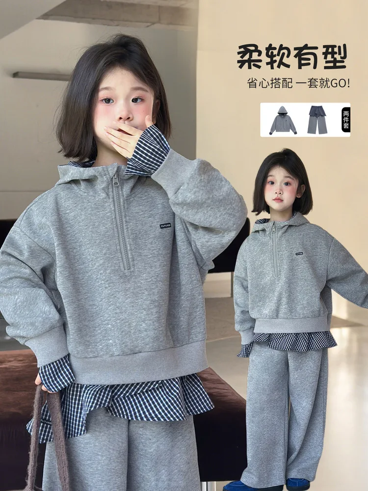 

Little Elephant Girl's Outfit25New Autumn Outfit for Kids: Faux Two-Piece Hooded Sweatshirt and Casual Pants Set