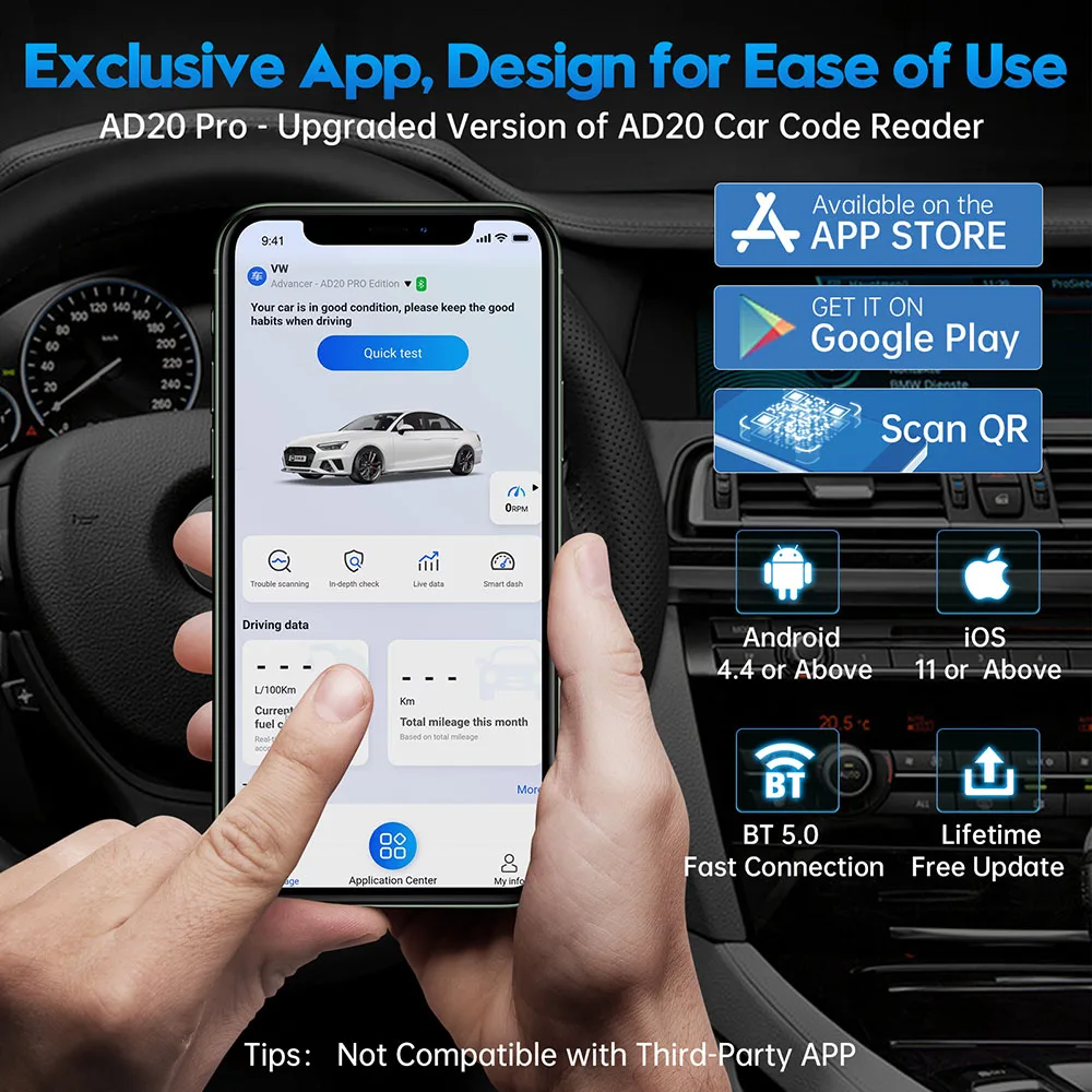 XTOOL AD20 PRO OBD2 Scanner Wireless BT Car Diagnostic Tool with All System Scan Code Reader Clear Oil Reset for iPhone Android
