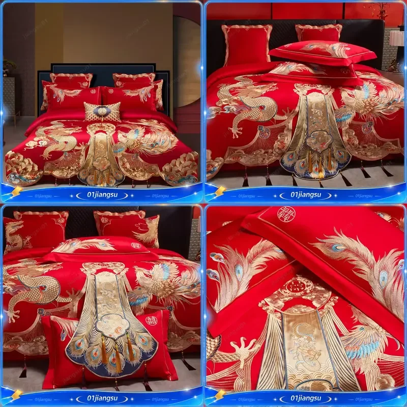 Luxury Gold Dragon Phoenix Embroidery Chinese Style Wedding Bedding Set 1000TC Egyptian Cotton Duvet Cover Bed Sheet