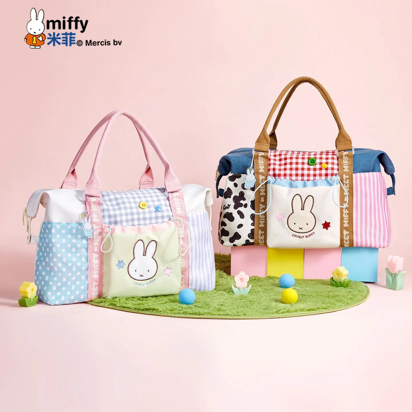 Kawaii Miffy Large Capacity Travel Bag Dopamine Color‑block Playful Polka Dot Lightweight Duffel Bag for Short Trip Business
