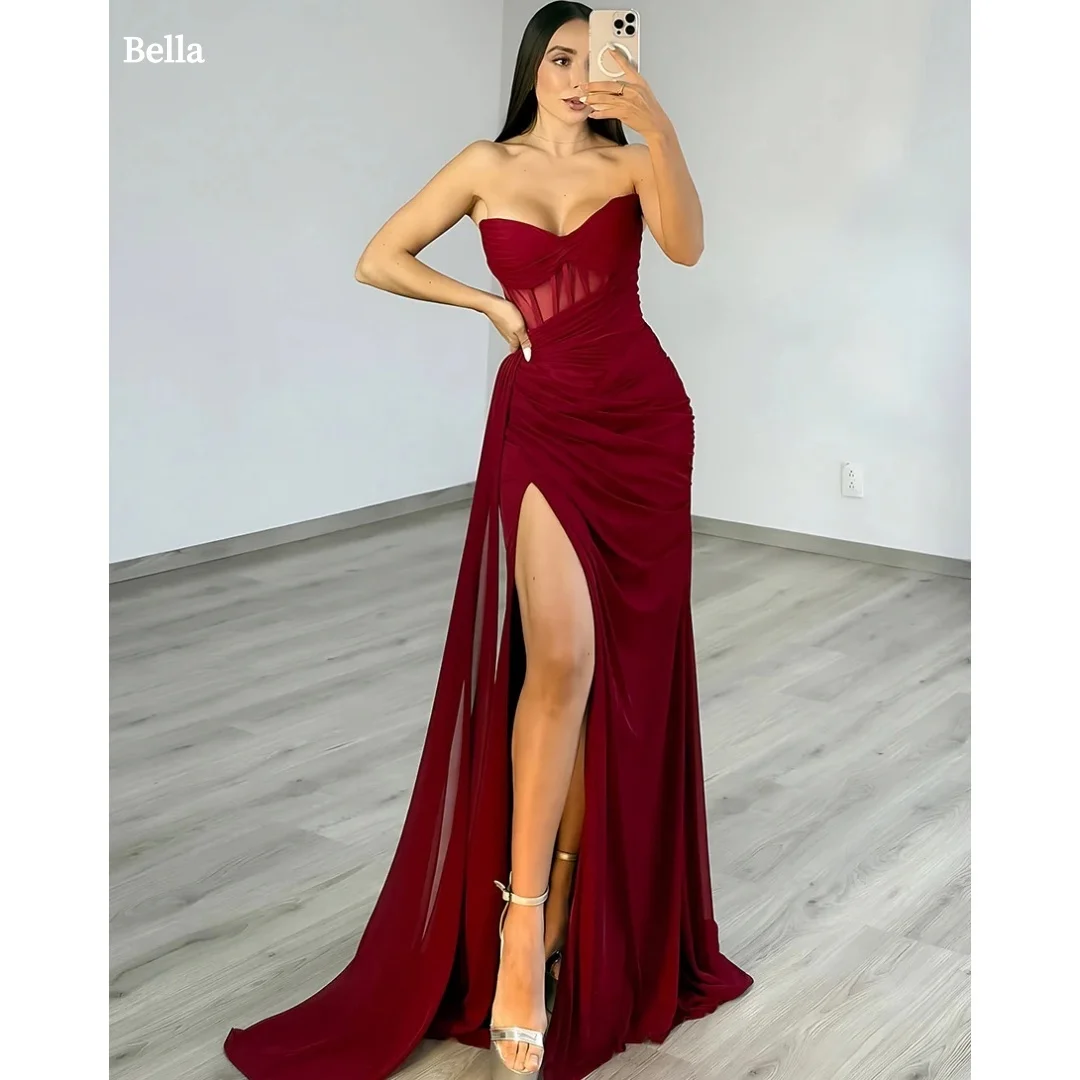 

Bella Customized Burgundy Strapless Sheer Mesh Ruched robes de soirée High Slit Train Gown Elegant Party Dresses Stylish 2025