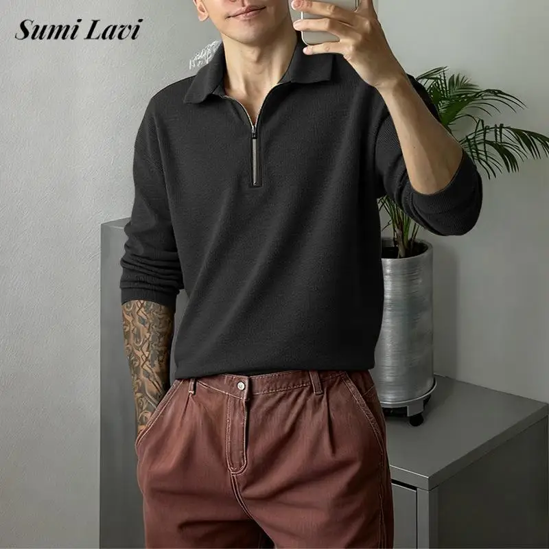 Daily Casual Knitting Polo-shirt Mens Vintage Solid Color Lapel Long Sleeve Tops Men 2026 Autumn Outdoor Knitted Pullover
