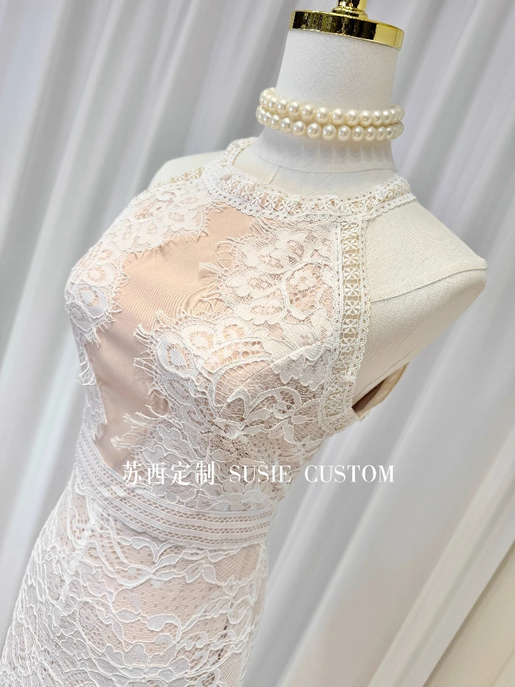 فستان سهرة فرنسي أنيق اجتماعي دانتيل مرقع رسن خارج الكتف بدون أكمام عالي الخصر سبليت Bodycon فستان طويل للنساء