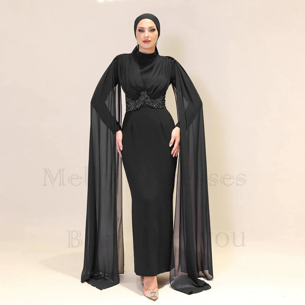 

Black High Neck Islamic Evening Dresses with Sequined 2024 Summer New Ankle Length Sheath Prom Gowns Robe De Soirée