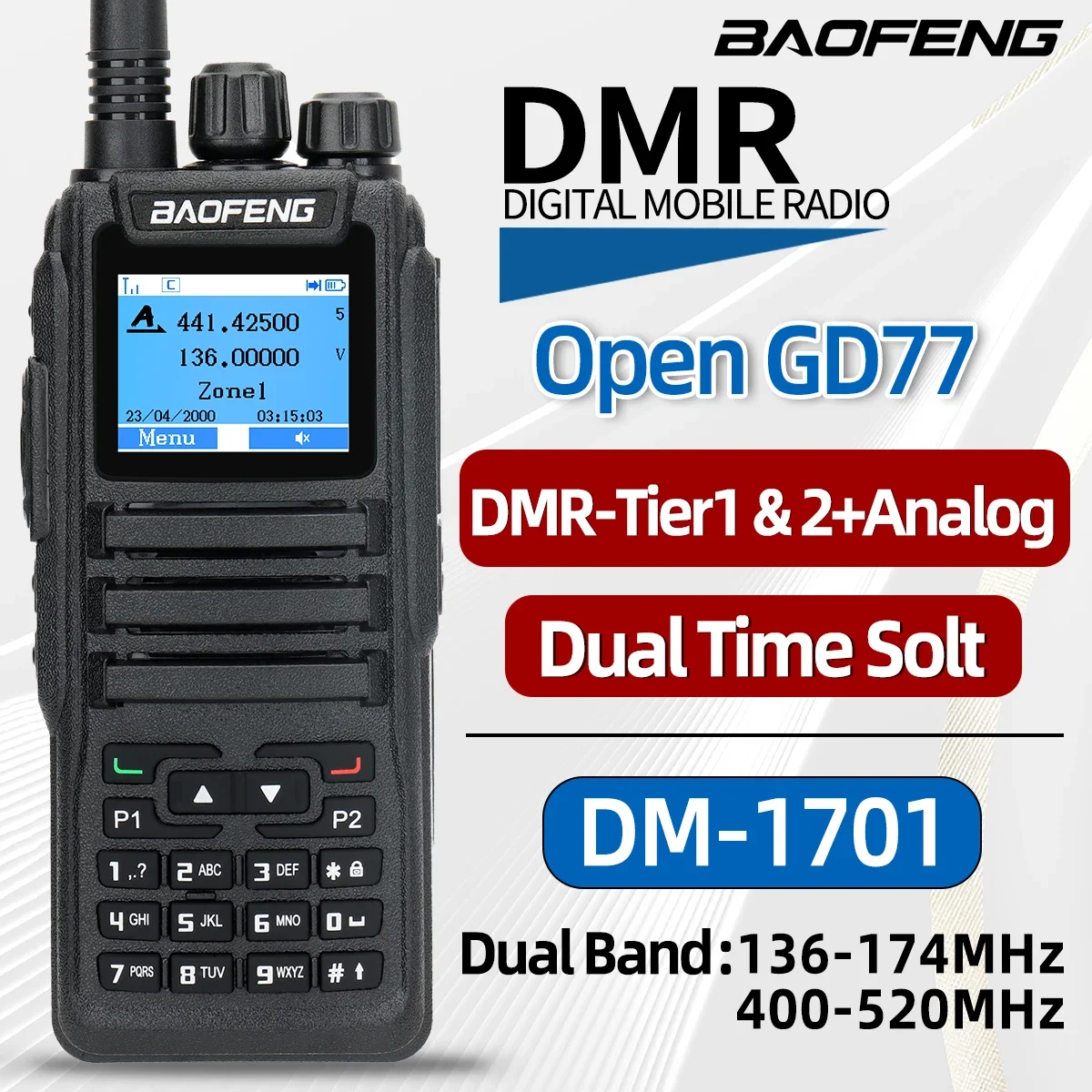 Baofeng DMR DM 1701 Walkie Talkie Digital, Walkie Talkie Mode ganda Analog, Radio dua arah terbuka GD77 Slot waktu ganda tingkat 1 + 2 Ham Radio DR 1801