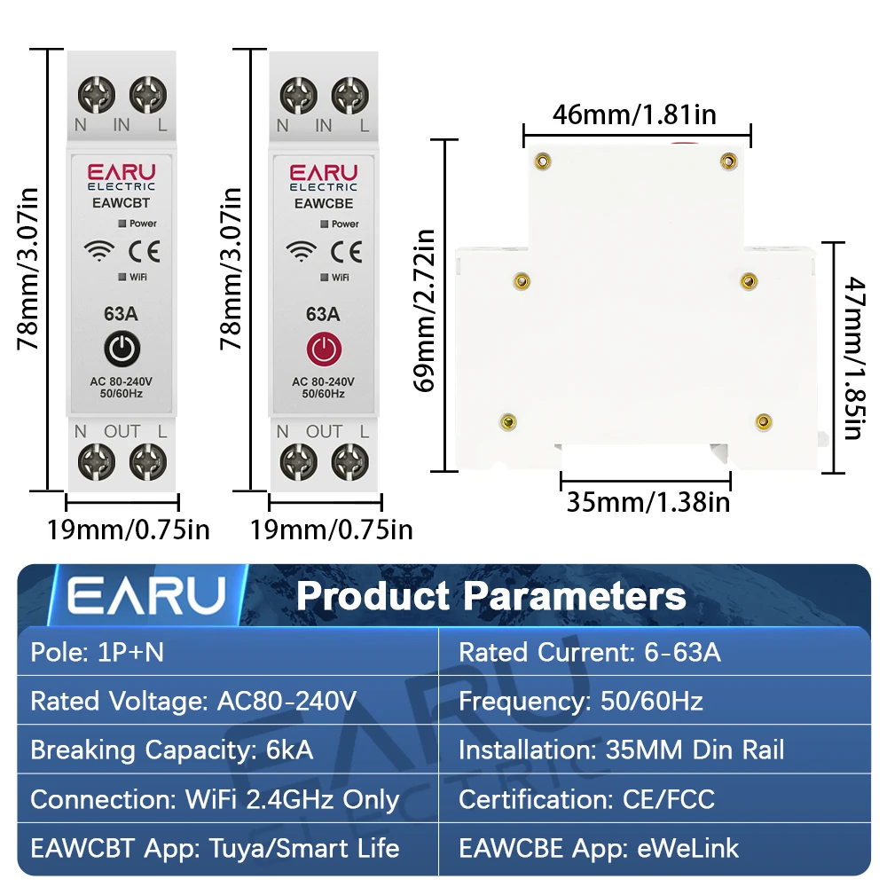 EARU Tuya EWeLink App Smart WiFi MCB Circuit Breaker Current Voltage kWh Energy Meter Protector Time Relay Switch Remote Control