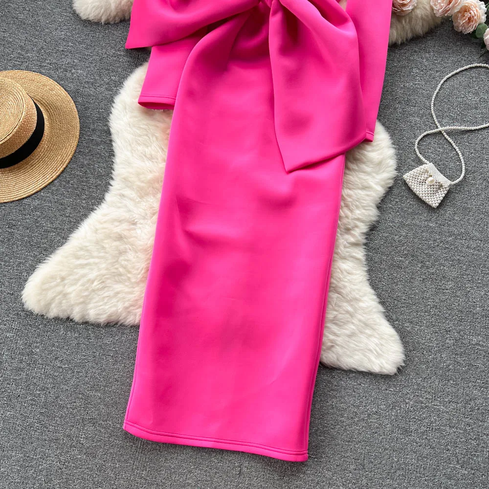 Vestido retrô de cetim, saia longa de dama de honra, sexy, slim fit, ombro nu, nó de crimento médio, estilo coreano, prima...