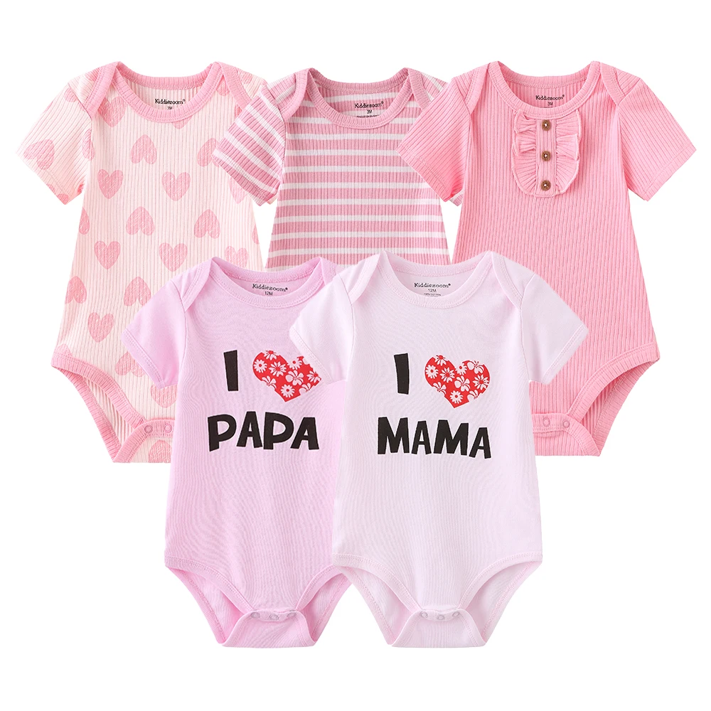5-Pack Cartoon Baby Boy Girl Bodysuits Summer Short Sleeve Newborn Unisex Onesies I Love PAPA MAMA Infant Clothes 0-12 Months