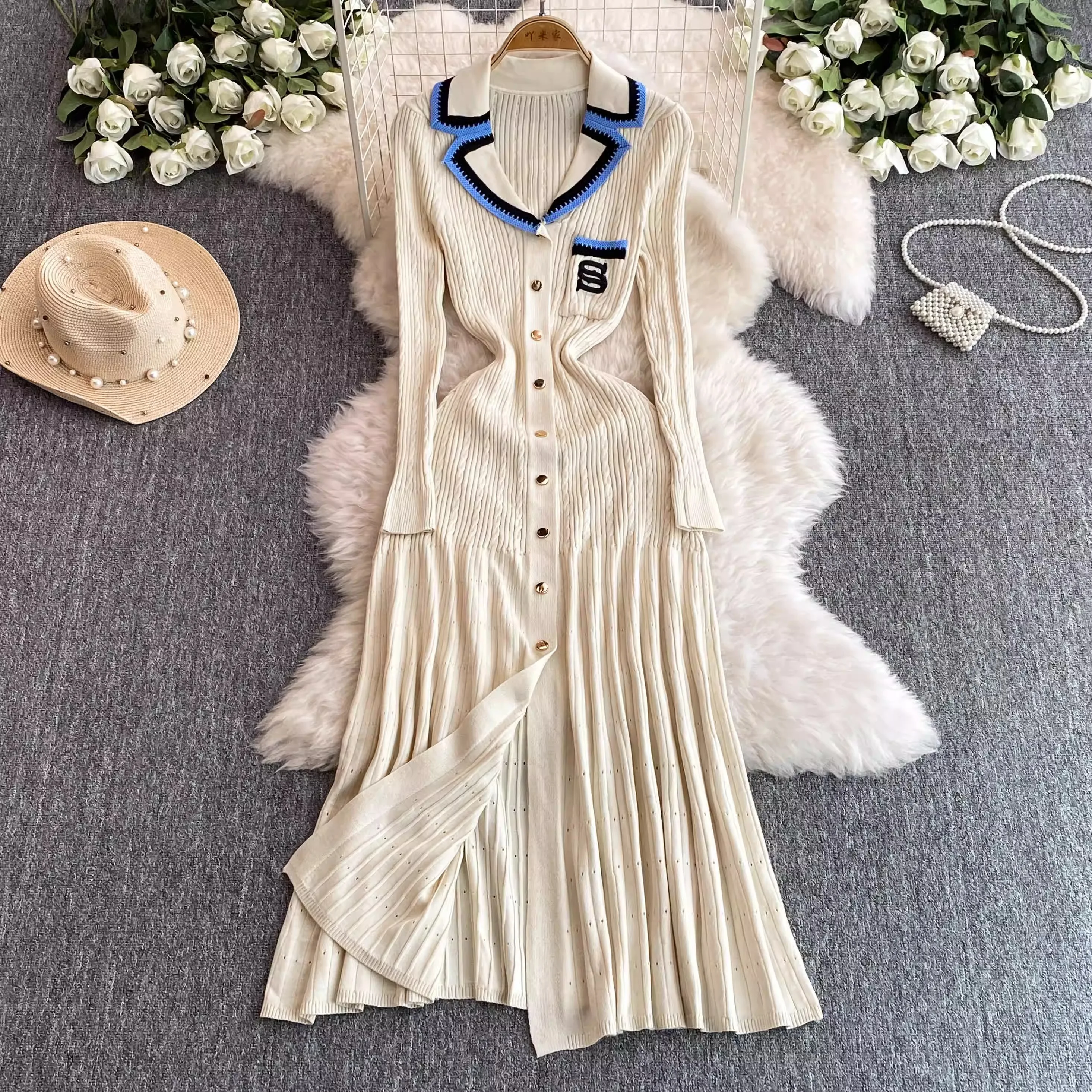 YuooMuoo jesienno-zimowa z długim rękawem dzianinowa sukienka damska marka moda karbowana linia A sukienka Maxi elegancka biurowa dama Vestidos