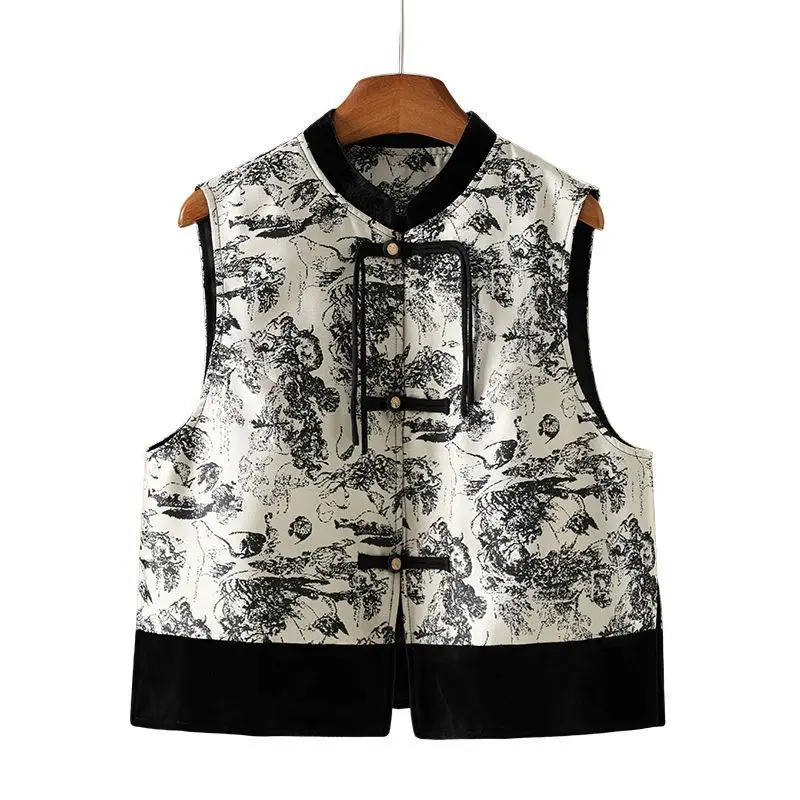 

Retro New Printed Vest Women's Spring Loose Sleeveless Coat Round Neck Splicing Top Fashionable