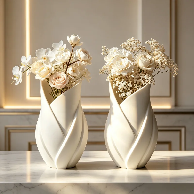2-Piece Set of Light Luxury Glossy White Vases, 3D Printed Swirl Twist Design Flower Vessels, Smooth Curve Sculptural Design with Petal Openings, Imitation Ceramic Luster, Waterproof and Shatterproof, Durable, Suitable for Fresh and Dried Flowers, Rose and Lisianthus, Tabletop Decoration for Dining Room, Entryway, Counter, Modern Light Luxury Home Decor, Wedding Bridal Gift, Trendy Instagram-Style Desktop Decoration with a Good Ambiance