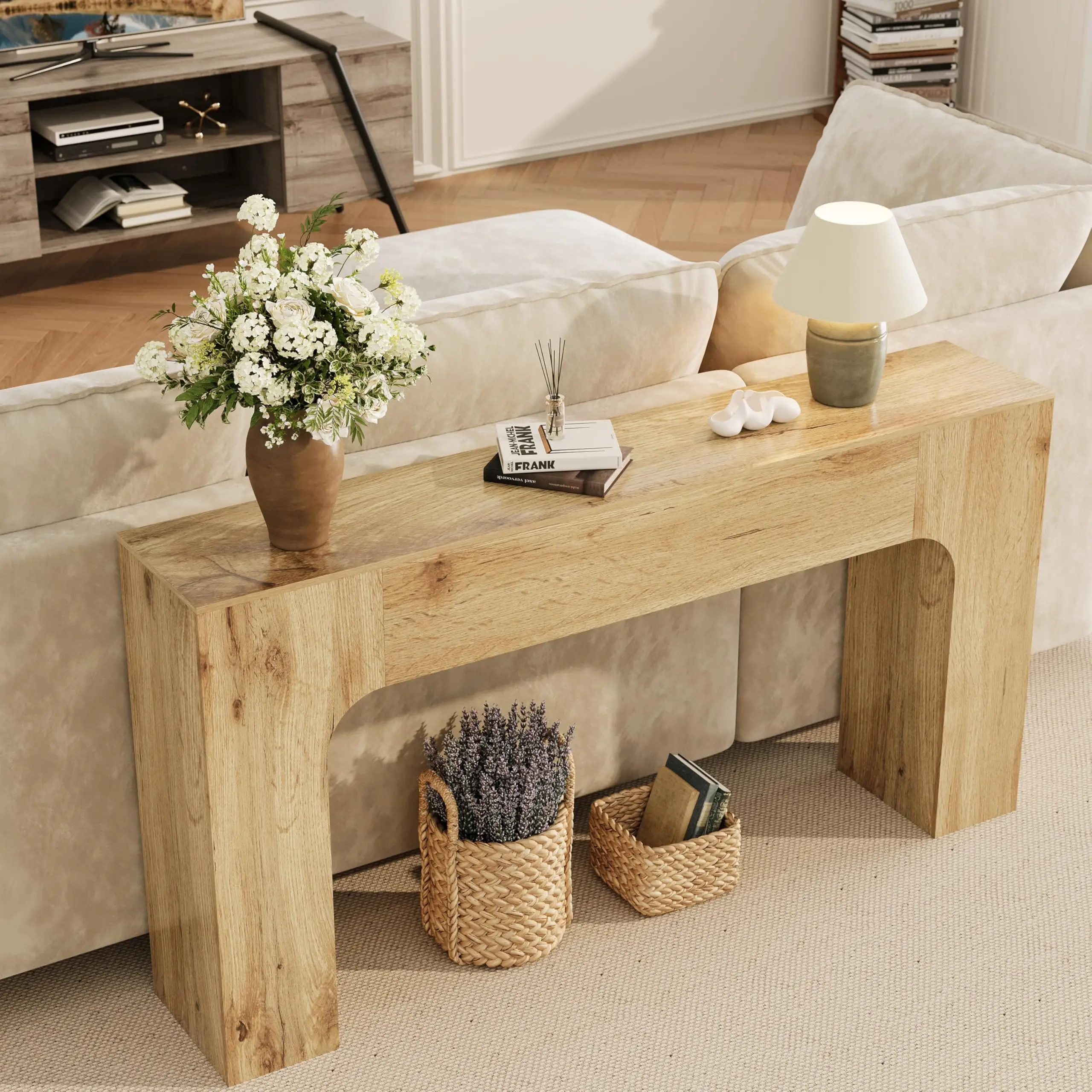 63 Inch Narrow Farmhouse Console Table Natural Wood Sofa Table Behind Couch, Entryway Hallway Foyer Table, Living Room TV Stand