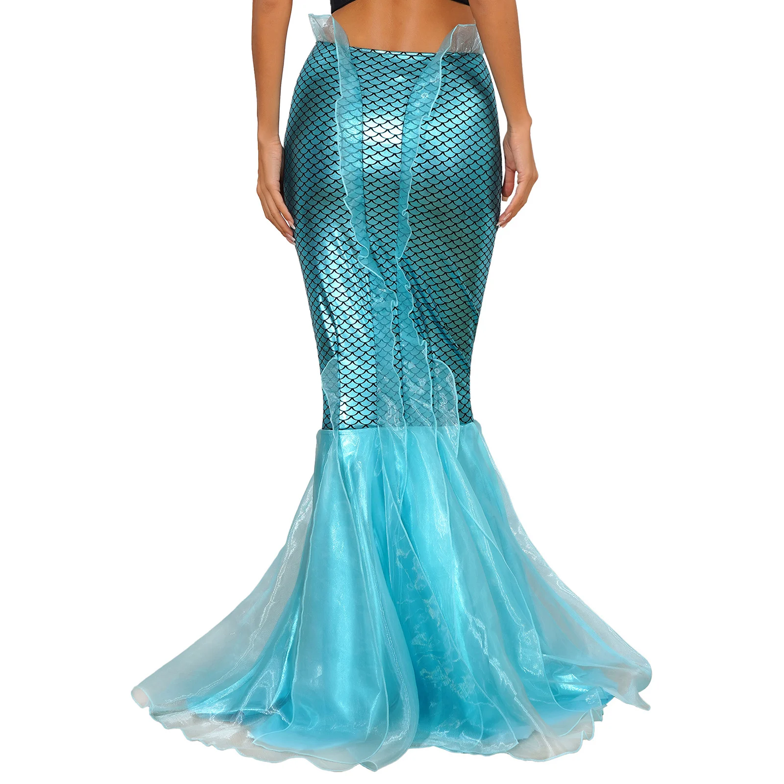 Womens Mermaid Costume Cascading Tulle Metallic Shiny Fishtail Maxi Skirt Halloween Carnival Cosplay Mermaid Tail Party Dress up