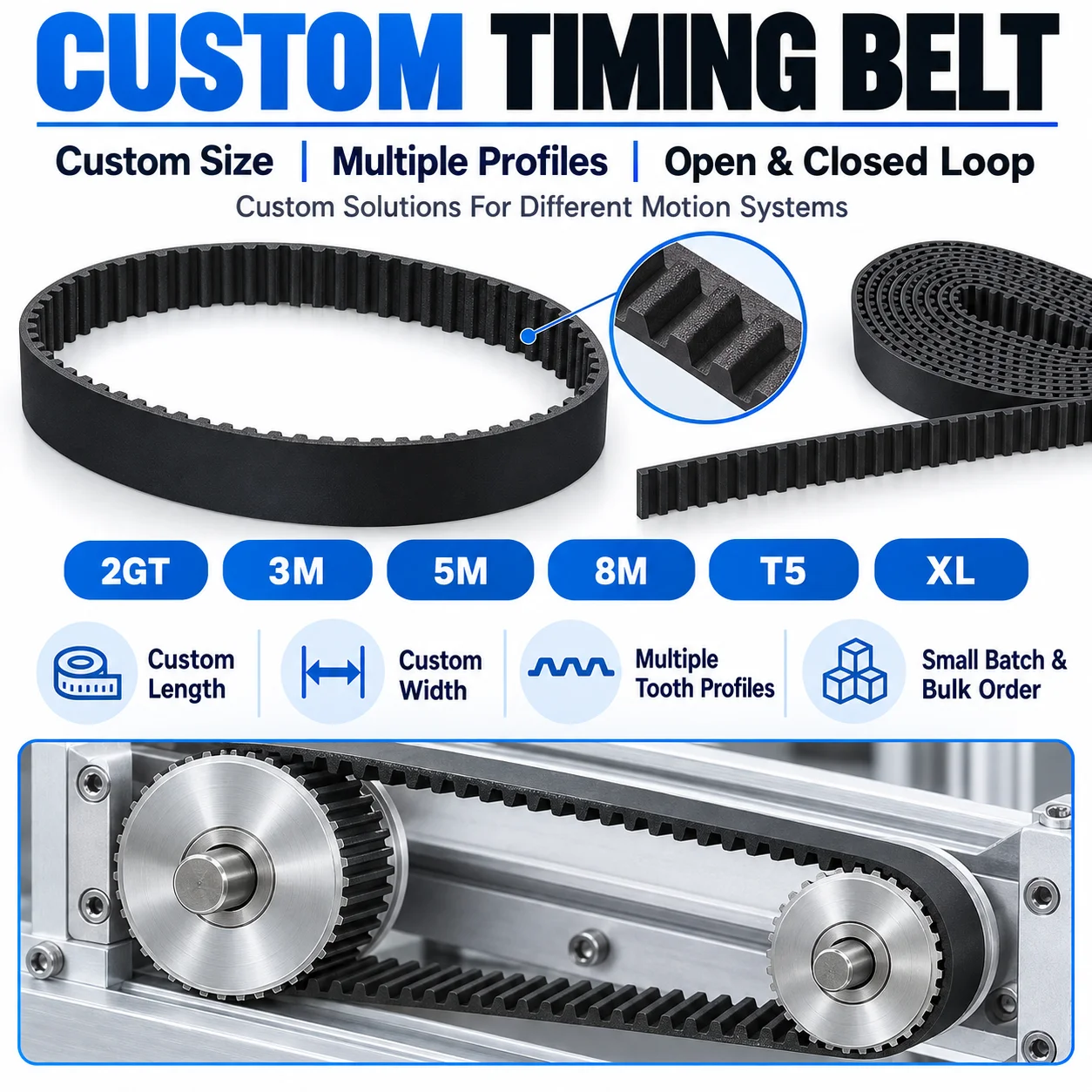 Custom 2GT Rubber PU Steel Wire Open Timing Belts 2M-14M Rpp5M 8YU T5 T10 AT5 AT10 MXL XL L H - Select Your Ideal Width