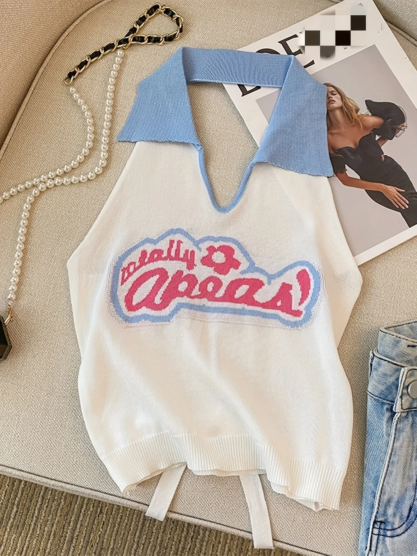 2024 Neues Sommer-elastisches, stilvolles Neckholder-Top mit Buchstabenmuster, rückenfreies Strickdesign für Damen-Freizeitkleidung, Y2K-Crop-Top