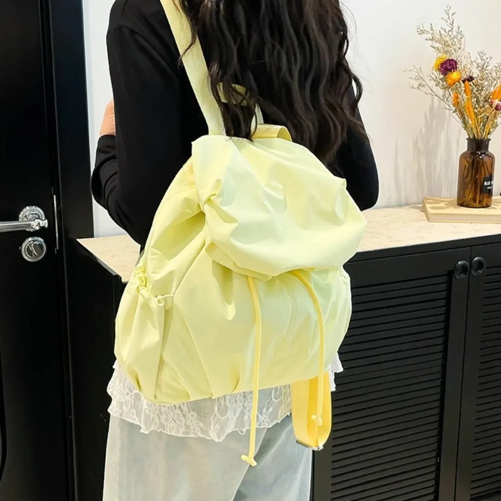

Fashion Solid Color Drawstring Backpack Flap Multi Functional Nylon Backpack Korean Style Pleated Sports Shoulders Bag Outdoor