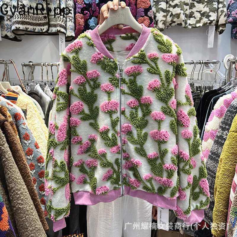 Fashion New Autumn Winter Stand Collar Loose Zip Cardigans Coat All-match Warm Flocking Flowers Full Sleeve Lambs Wool Jackets