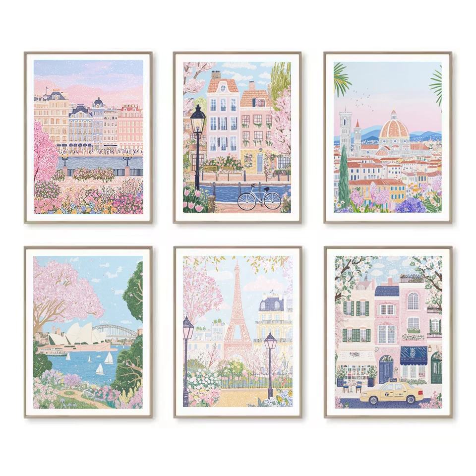 Abstract Travel City Folk Spring Streets Houses in Bloom Amsterdam Paris Poster Canvas Painting Wall Art Pictures Home Decor