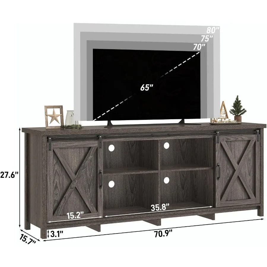 حامل تلفزيون المزرعة لتلفزيون 80 بوصة مع باب الحظيرة المنزلق ومركز الترفيه الخشبي الريفي وخزانة وحدة تحكم الوسائط الكبيرة وخزانة طويلة #2