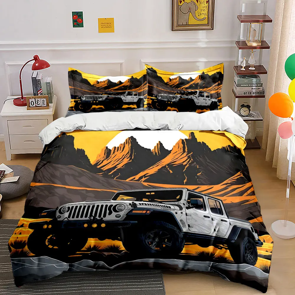 Off-road vehicle with stunning mountains Pattern Duvet Cover Set Digital Print Colorful Polyester Bedding with Zipper Closur