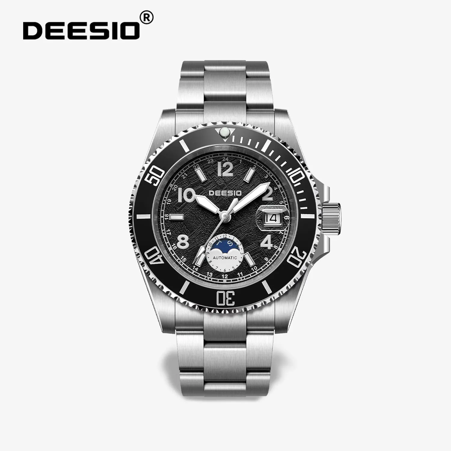 Deesio Herren-Armbanduhr, automatisch, mechanisch, Saphirglas, Edelstahl, leuchtendes Datum, Woche, Mondphase, Business-Luxusuhr