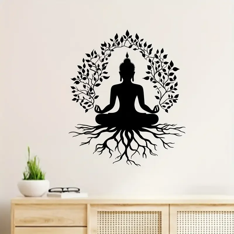 1pc Vintage Buddhist Meditation Tree of Life Wall Decal - Self-Adhesive Buddha Meditation Sticker, Removable & Repositionable Yo