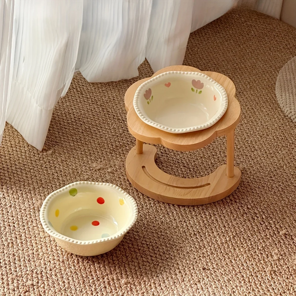 Ceramic Lace Cat Feeder with High-footed Wooden Stand Pet Bowls Protect Cervical Spine Ceramic Cats Dogs Dishes Pet Accessories