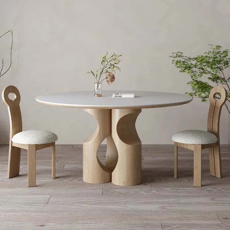 Modern Round Ash Home Furniture Dining Table Luxury Solid Wood Rock Slab Cream Style Dining Table Set For Dining Room