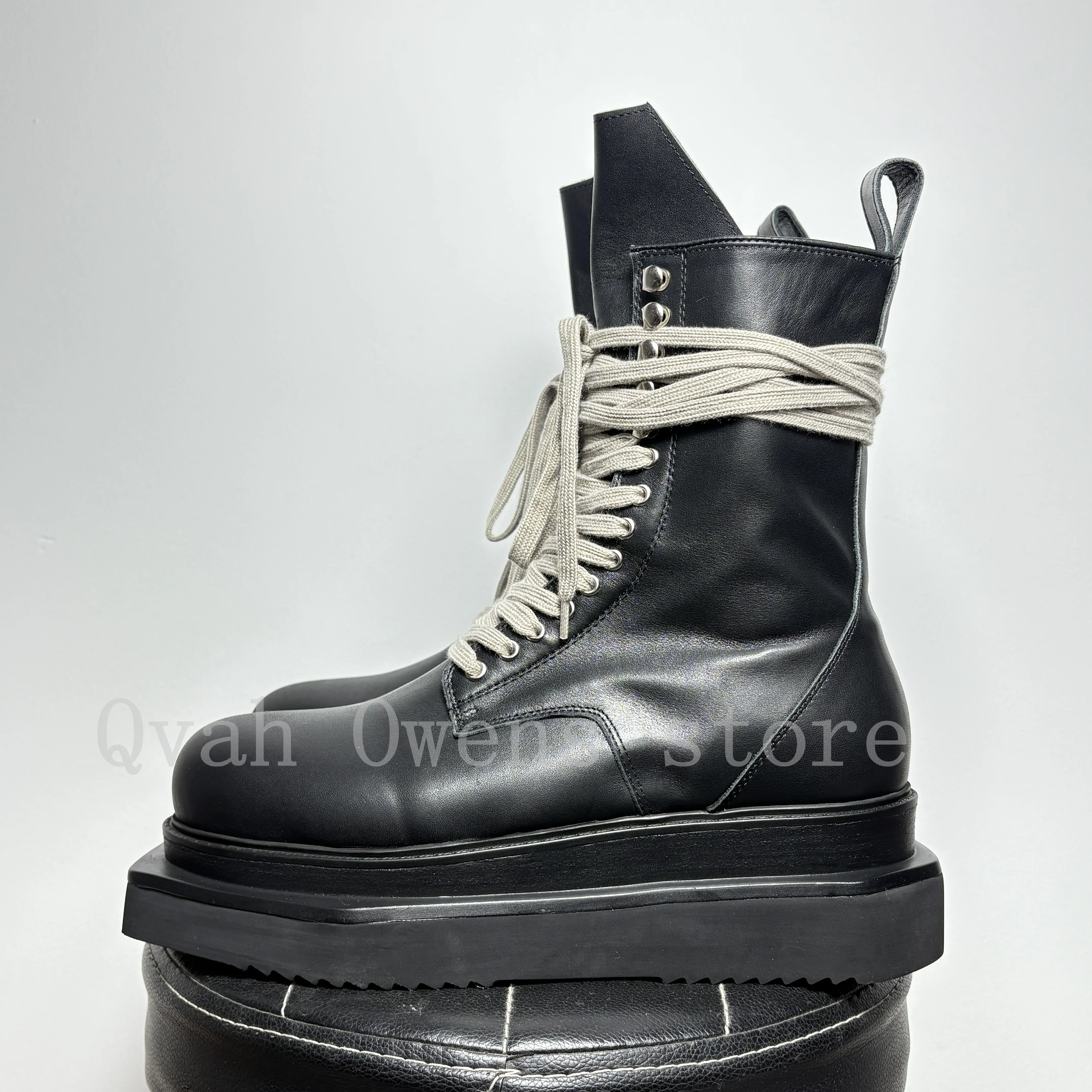 Men\'s High Top Shoes Platform Sneakers Chunky Sole Leather Lace Up Zip Heels Luxury Trendy Designer Black Motorcycle Boots