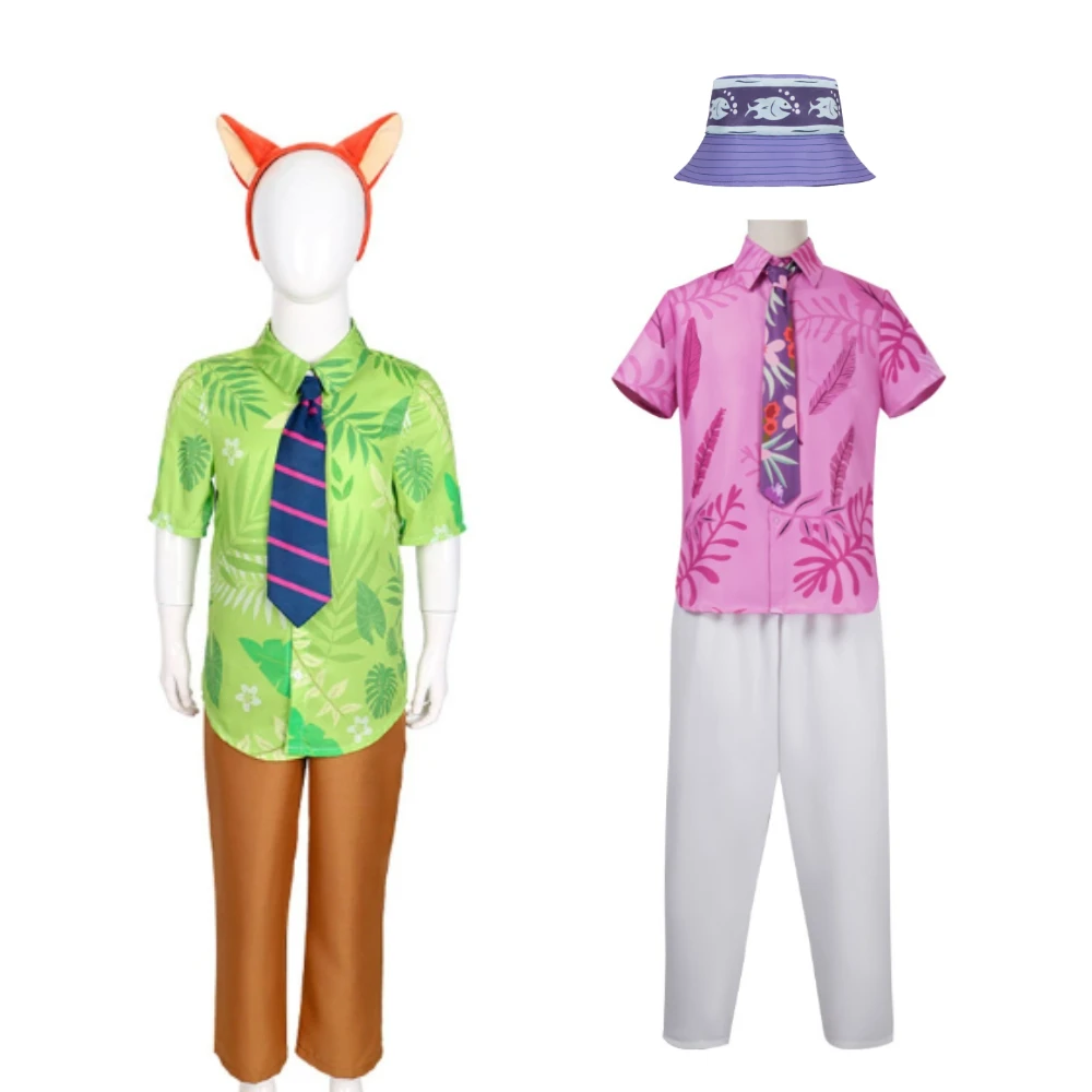 

Fox Nick Wilde Cosplay Shirt With Tie Men Halloween Green Leaves Pink Leaves Printed Summer Casual T-shirt and Necktie hairband