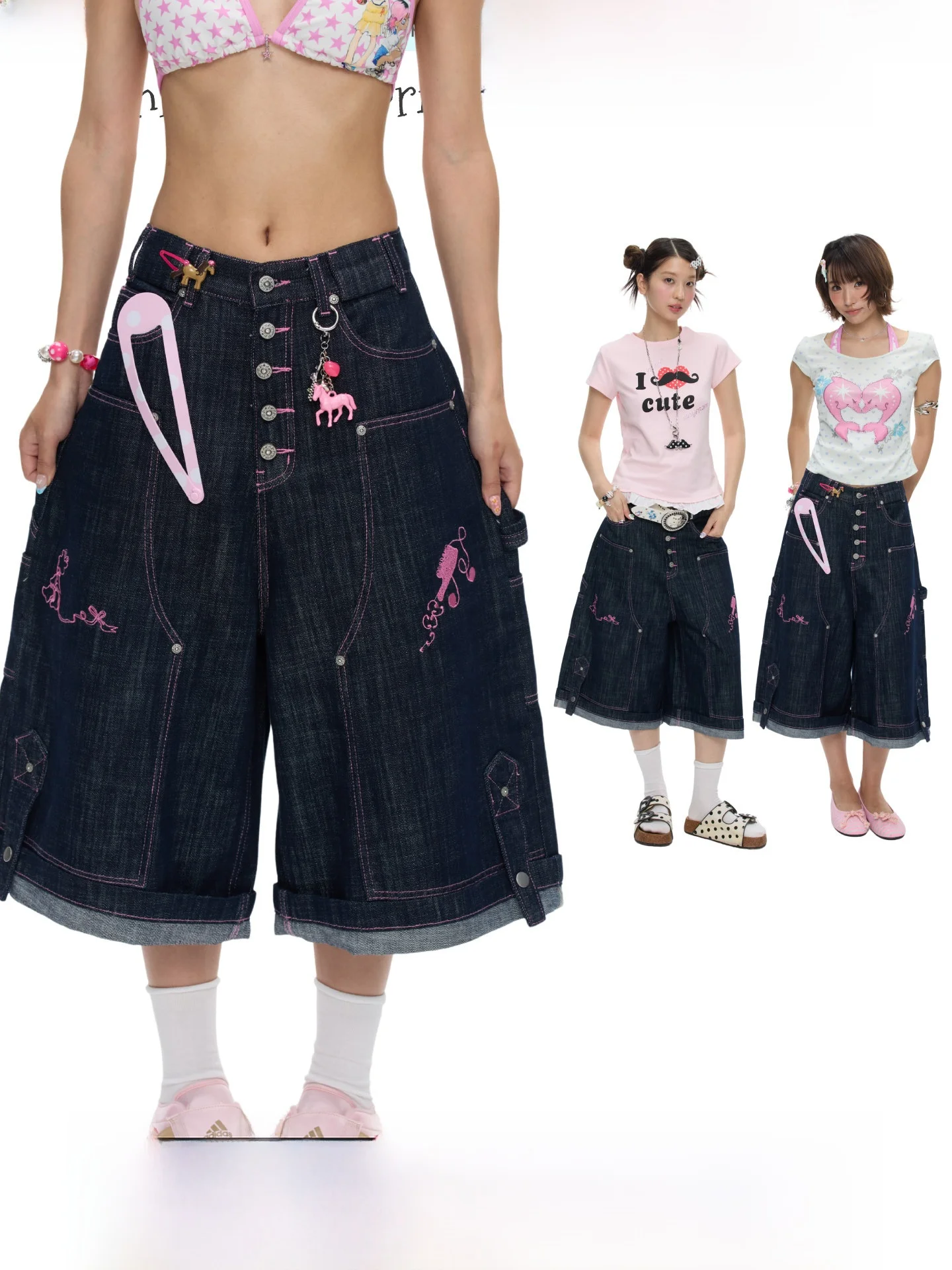 Pink Thread Retro Original Denim Cotton Casual Pants Low Waist Wide Leg Commute Style Summer Fashion Women's Jeans