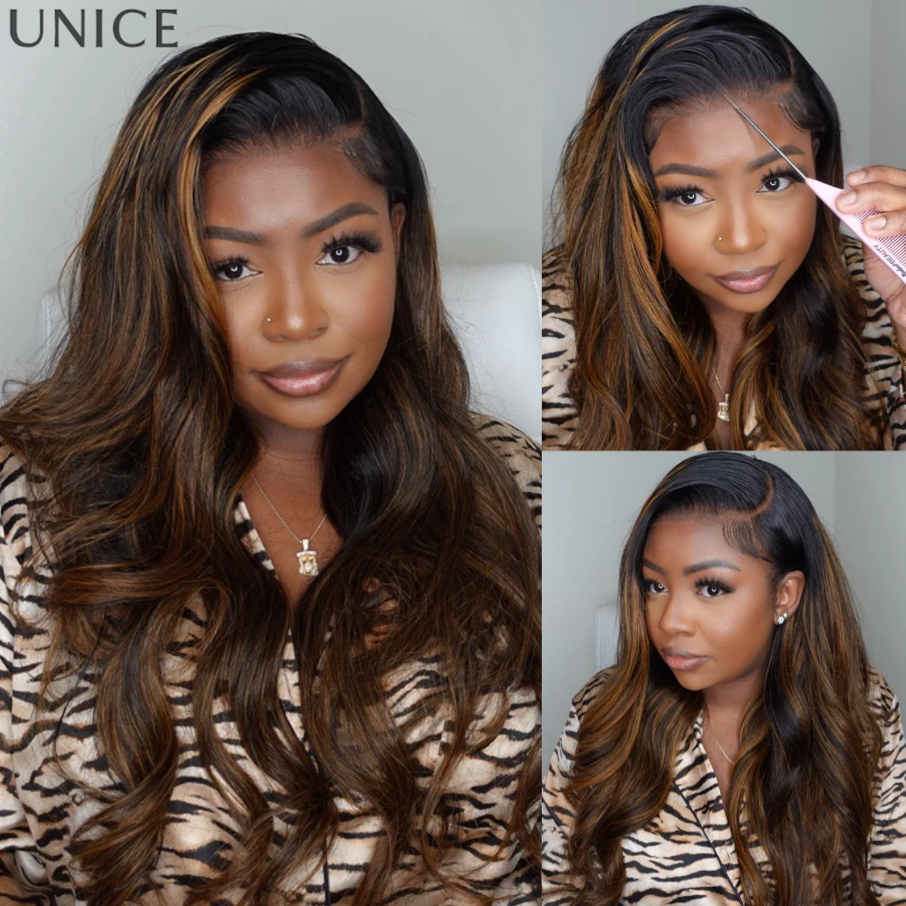 UNICE Bye-Bye Slip 7x5 Lace Ombre Brown Highlight 3D Body Wave Wig Human Hair Pre Cut Pre Bleached Pull & Go Drawstring Glueless Wig