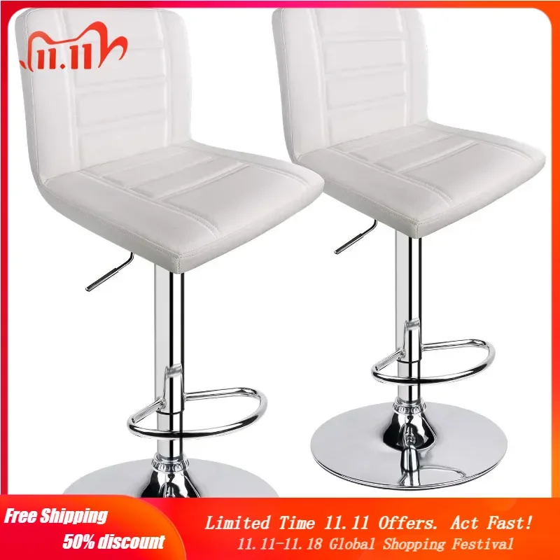 Bar Stools Set of 2, Modern Adjustable Bar Stool with Back, Straight Line Swivel Barstool (White)