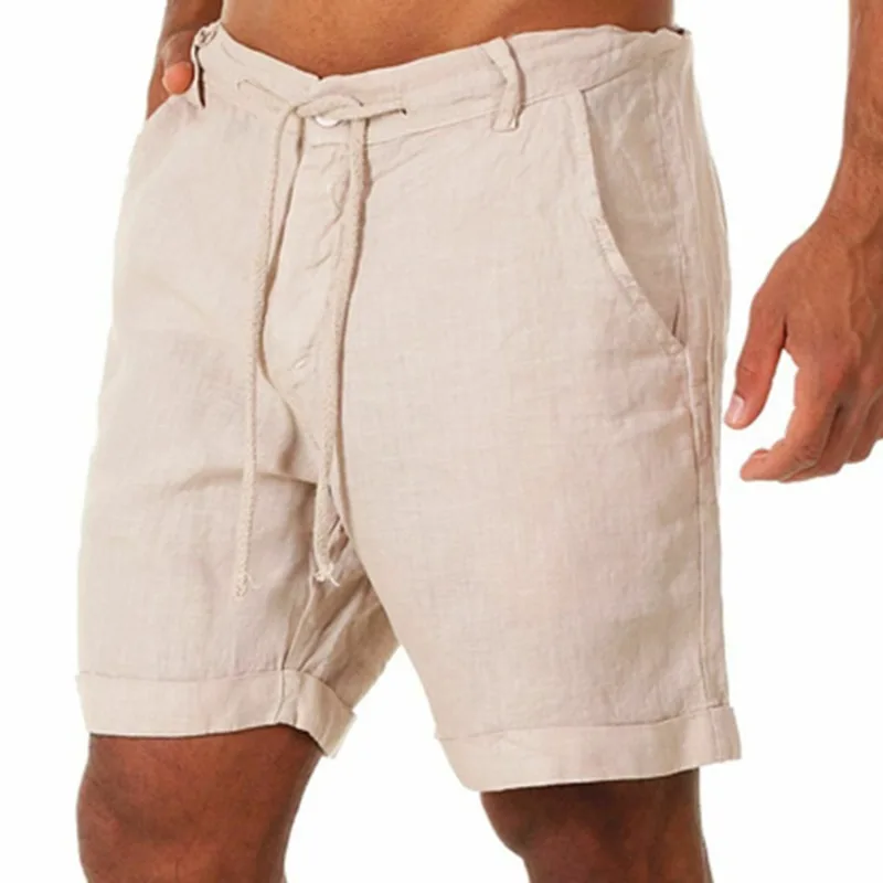 Short de sport à lacets en coton et lin pour homme, couleur unie, décontracté, taille haute, grande taille, nouvelle collection été